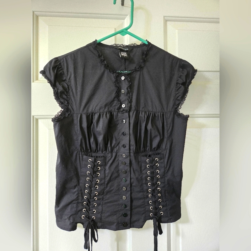 Black Ruffled Cap Sleeve Blouse